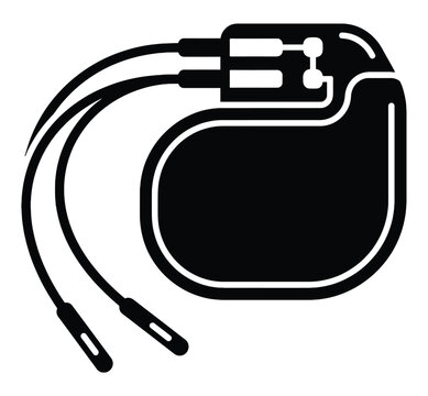 Black and white icon of a cardiac pacemaker with leads