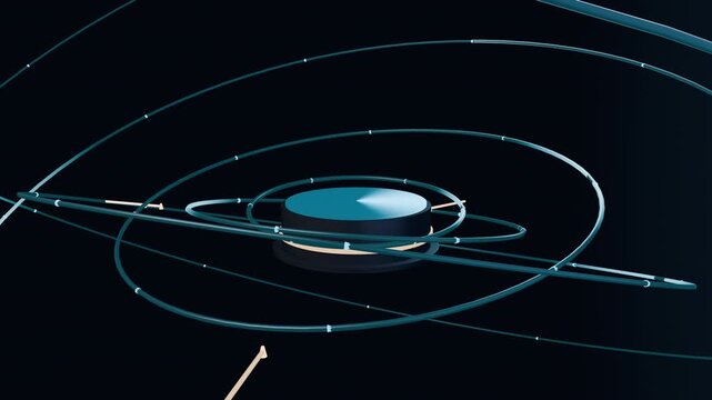 Glowing Orbital Data Rings Rotating Around Amber Tech Hub