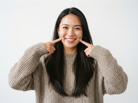 Smiling young woman pointing to her cheeks with fingers