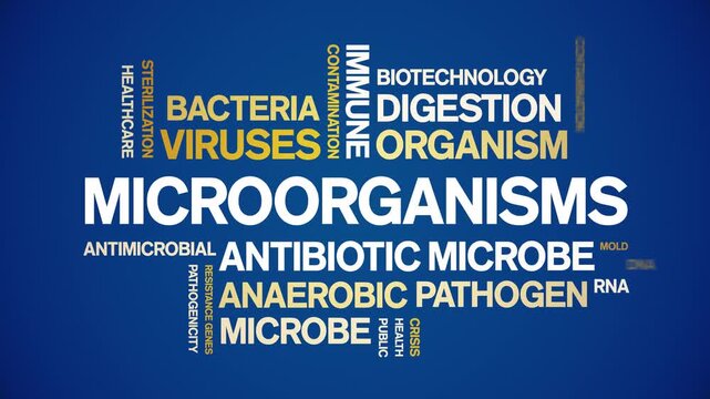 Microorganisms animated word cloud-text design animation tag kinetic typography seamless loop.