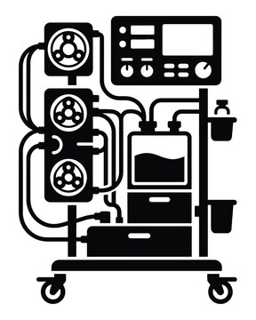 Black and white icon of a medical dialysis machine on wheels