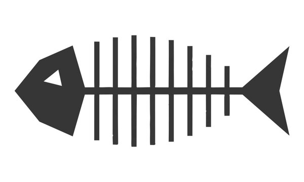 Minimalist icon of a fish skeleton with geometric bones and a triangular tail fin isolated on a white background, simple nature and biology concept