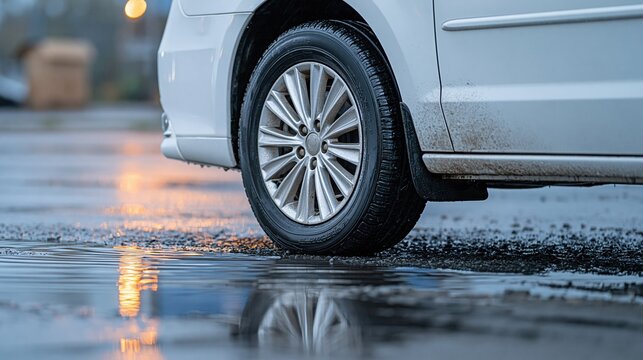 Close-up of a car tire driving through a wet, reflective puddle on an asphalt road after rain