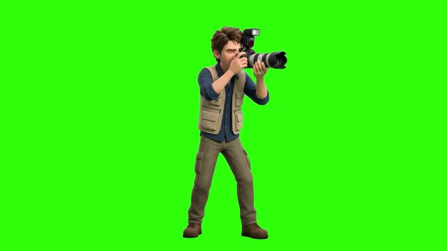 A focused 3D cartoon male photographer in a photo vest aiming a professional DSLR camera with a telephoto zoom lens, isolated on a solid green chroma key background. Great for photography courses, pap