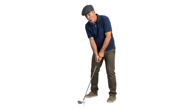 A golfer groans in genuine frustration after a missed shot, isolated on white
