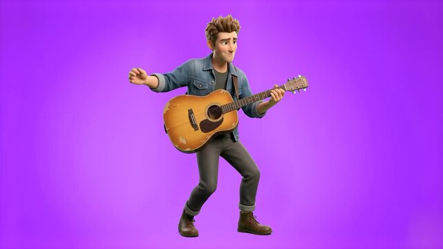 An energetic 3D cartoon man in a denim jacket playing an acoustic guitar in a live performance pose, set against a vibrant purple studio backdrop. Great for music lesson advertisements, concert promos