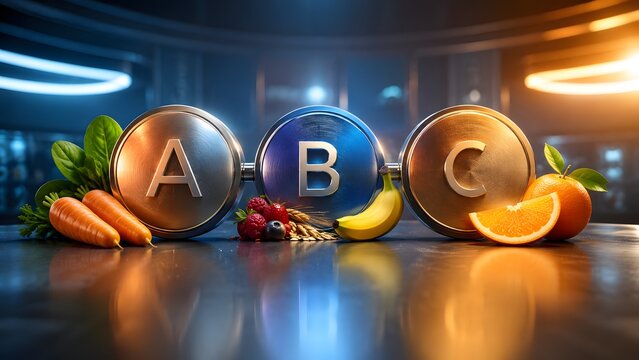 Metallic circular tokens labeled abc beside fresh carrots mixed berries wheat banana and sliced orange. Concept of premium dietary supplement, modern sports nutrition, and advanced biohacking formulat