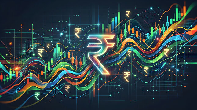 Abstract Colorful Indian Stock Market NSE BSE Trading Chart Rupee Symbol Dark Background
