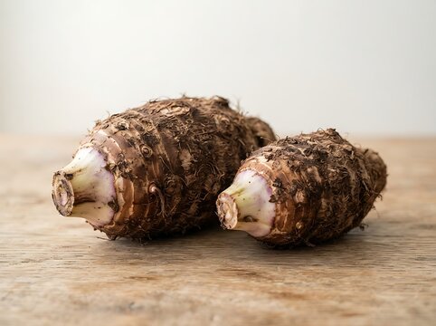 Two raw taro roots with hairy brown skin and light purple flesh at the ends, placed on a rustic wooden table against a neutral background