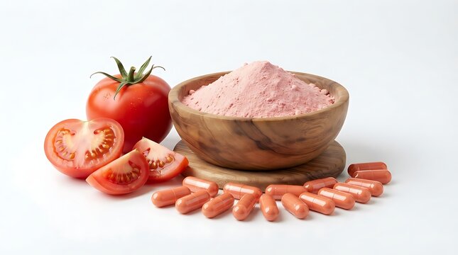 Tomato powder in a wooden bowl with fresh tomatoes and capsules isolated on white background