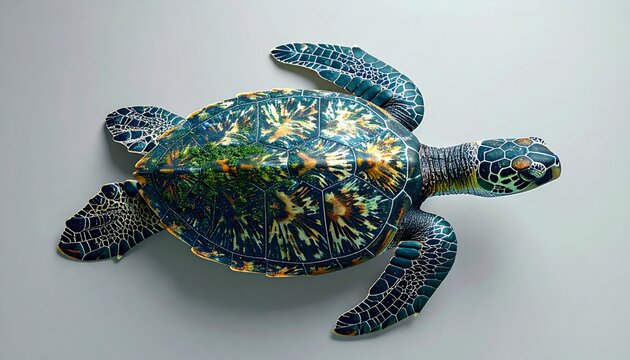 Sea turtle with ecosystem shell containing forest and ocean concept design