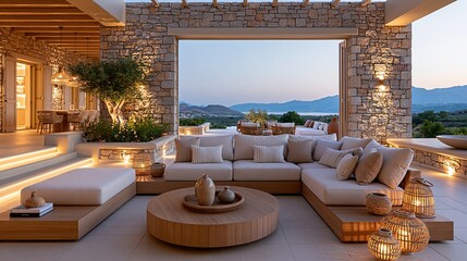 Obraz premium Luxurious outdoor living space with sectional sofa, coffee table, and lanterns overlooking a serene coastal landscape at twilight.