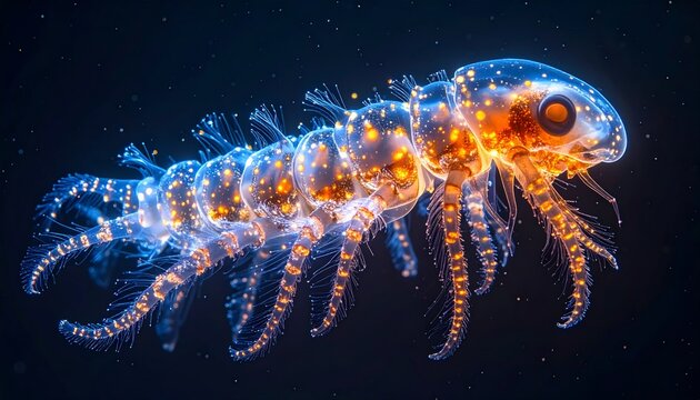 Bioluminescent Deep Sea Crustacean Glowing in the Dark Ocean