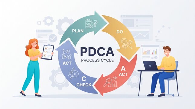 Illustration of pdca process cycle with people working