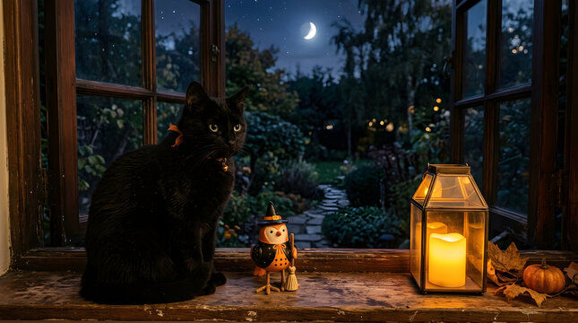 Cat and Dog Silhouettes by a Window and on a Rooftop at Night, Cute Pet Animals Under the Moon in a Cozy Halloween House Setting, Cartoon Vector Illustration