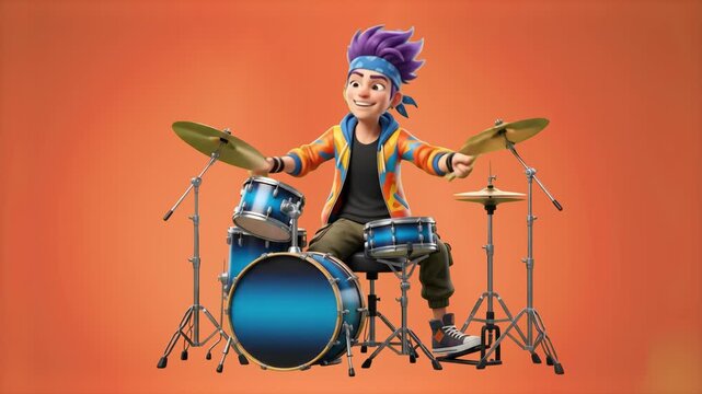 An energetic 3D cartoon drummer with spiky purple hair and a headband playing a blue drum set with drumsticks, set against a warm orange studio backdrop. Great for music concert promos, band advertise