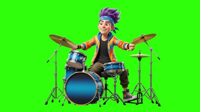 An energetic 3D cartoon rock drummer with purple hair playing a blue drum kit with drumsticks, isolated on a solid green chroma key background. Great for music concert promos, band performance videos,