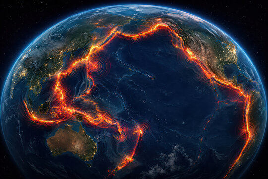 Pacific Ring of Fire Earthquake and Volcanic Activity Map on Planet Earth