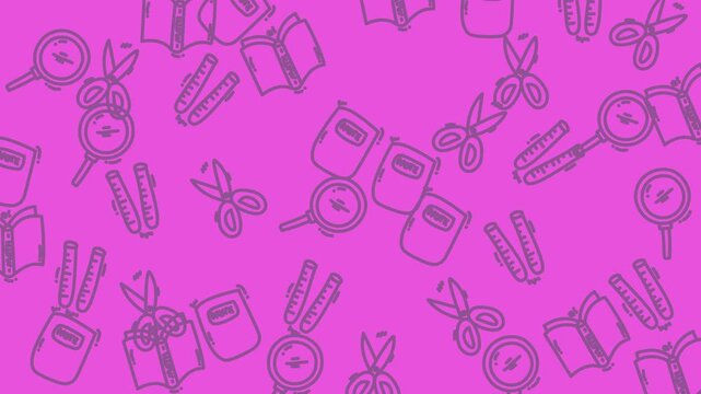 Purple background pattern with school supplies icons like books, scissors, rulers for education themes, suitable for educational material design projects.