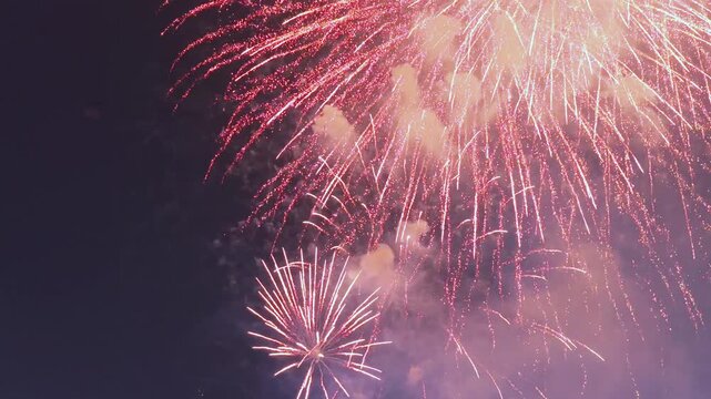 Colorful bright fireworks exploding in the night sky during celebration.