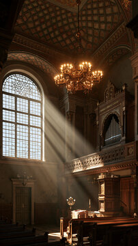 Sacred Sanctuary: Sunbeams pierce the grand interior of an ancient cathedral, illuminating ornate architectural details and an altar, creating a spiritual ambiance.