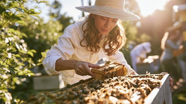 Female beekeeper wearing a straw hat inspects a beehive frame in an outdoor apiary on a sunny day.