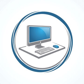 Modern computer workstation icon with desktop monitor, keyboard, and mouse inside a dynamic blue circle logo design vector illustration