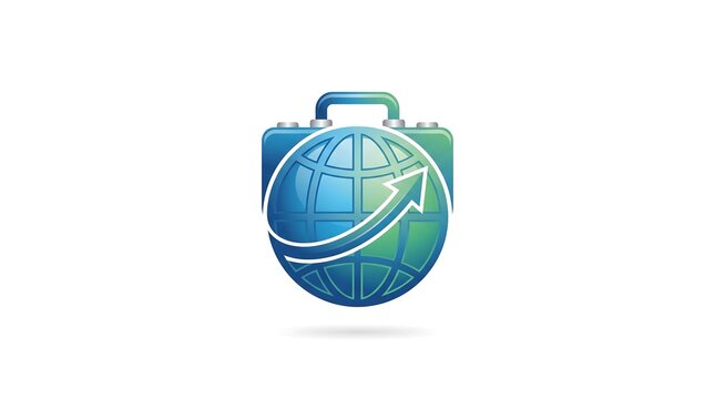 Modern vector logo concept combining a global business travel suitcase with growth arrow