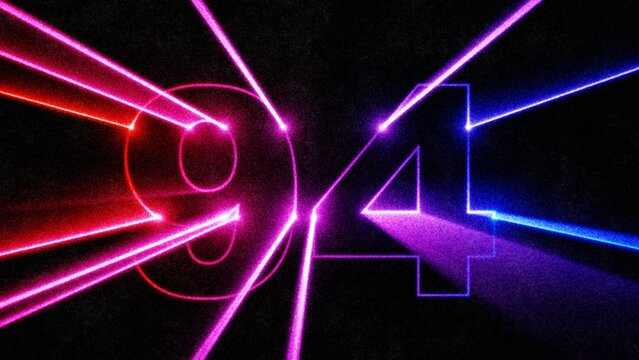 Neon laser number 94 with glowing light beams on dark background