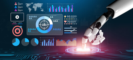 A futuristic robotic hand interacts with a vibrant data visualization interface, highlighting...