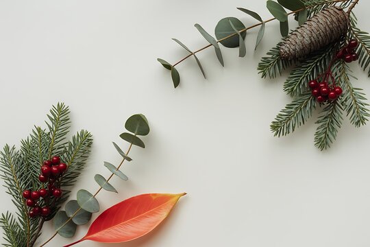 Elegant Christmas botanical arrangement with evergreen branches, berries, pinecone, and colorful leaves on white background