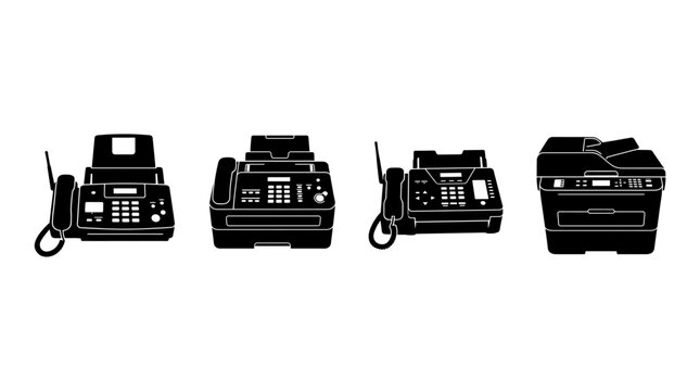 fax machine realistic black shadow silhouette isolate vector set