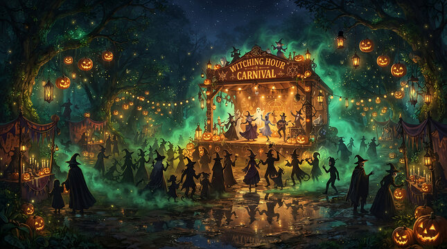 Witches dancing around a glowing stage in a magical forest at night