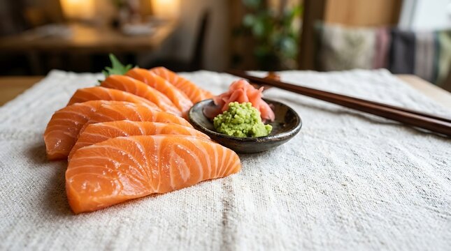 Fresh Salmon Sashimi Slices with Wasabi and Ginger on White Cloth