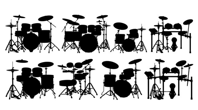 drum set realistic black shadow silhouette isolate vector set