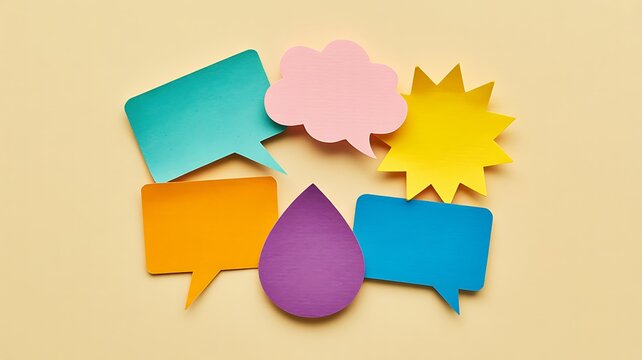 Colorful speech bubbles arranged together on yellow background representing communication conversation ideas and social interaction