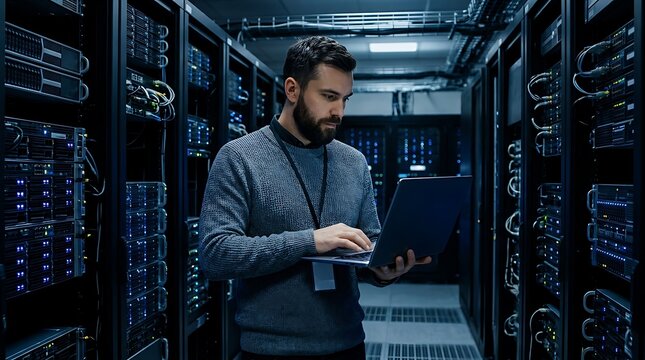It technician working on server rack in data center