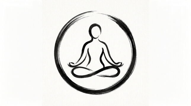 Zen meditation symbol with a person sitting in lotus position inside a brush stroke circle isolated on white background