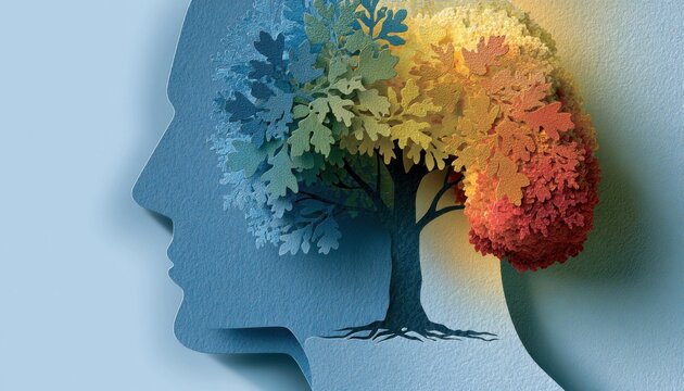 Silhouette of a human head containing a multicolored tree with layered leaves in blue, yellow, and red hues against a soft blue