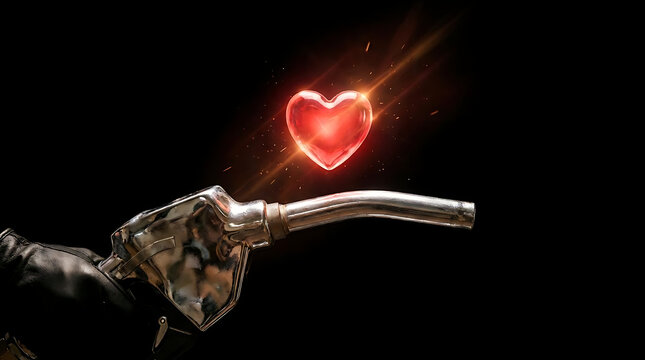Red glass heart emerging from a fuel pump nozzle.