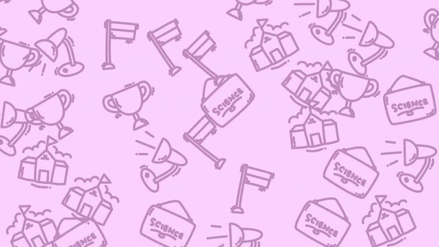 Educational, science, and schoolrelated designs. Features a diverse set of colorful icons on a pink background pattern.
