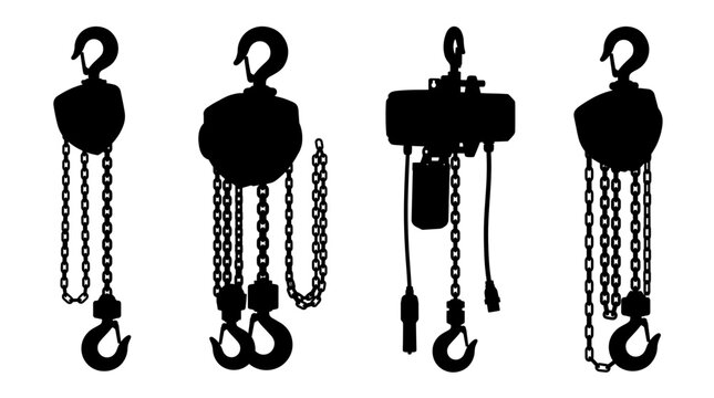 chain hoist realistic black shadow silhouette isolate vector set