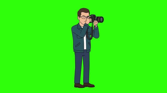 A 2D cartoon photographer wearing glasses aiming a DSLR camera to shoot a photo, isolated against a bright chroma key green screen background. Great for video production explainers, photography app ad