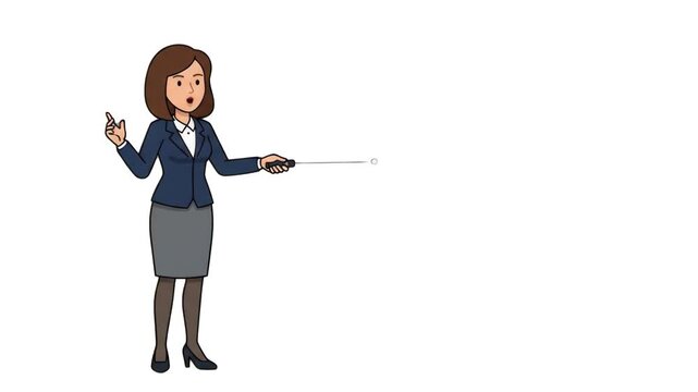 A sharp 2D cartoon businesswoman wearing a suit and skirt, aiming a laser pointer device directly at a presentation board, isolated on a clean white background. Suitable for educational seminars, corp
