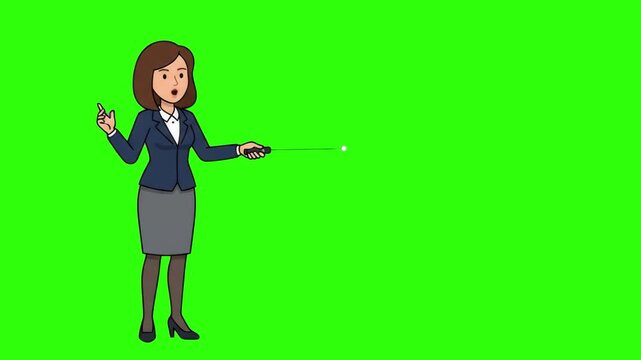 A professional 2D cartoon businesswoman in a dark blue blazer pointing forward with a red laser pointer beam, isolated on a solid green chroma key background. Great for business presentation overlays,