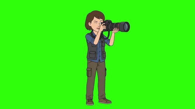 A skilled 2D cartoon woman photographer aiming a professional DSLR camera, isolated on a solid green chroma key background. Perfect for media production overlays, video creation tutorials, press confe