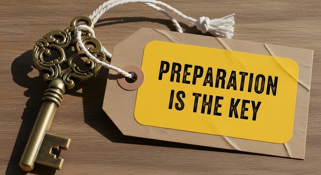 An antique key with a tag saying preparation is the key