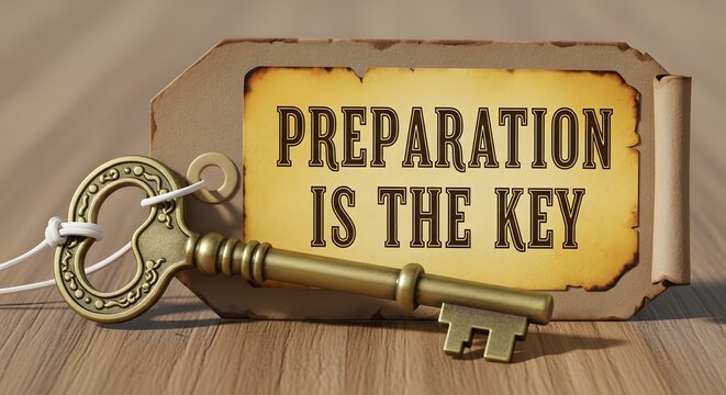 Antique golden key with a paper tag saying preparation is key