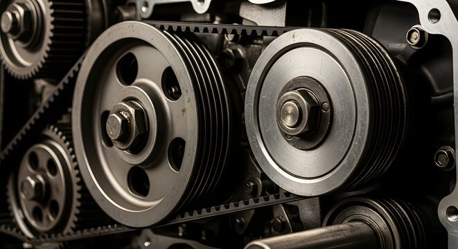 Automotive engine parts displaying timing belt and metallic pulleys in operation