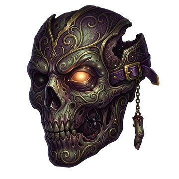 Detailed dark fantasy undead skull mask featuring glowing golden eye, intricatefiligree engravings, leather strap, and spider isolated on white.
